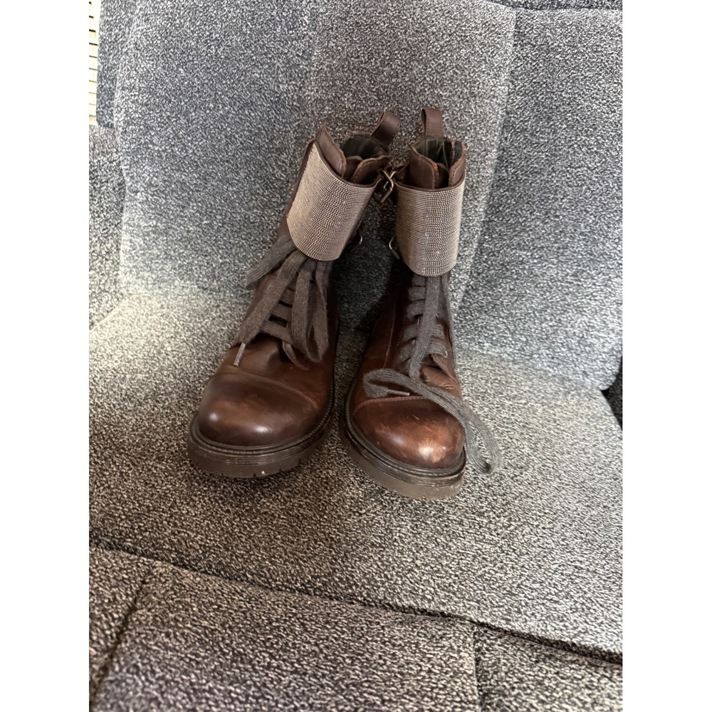 Brunello Cucinelli Women's Brown Leather Combat Boots Buckle Vibram Sole 37.5